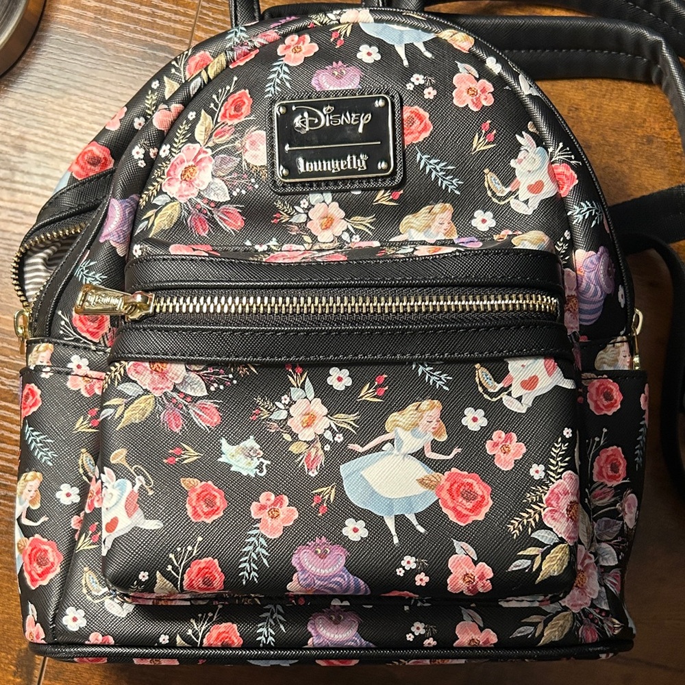 Loungefly Black Backpack with Floral and Character Design Alice in Wonderland